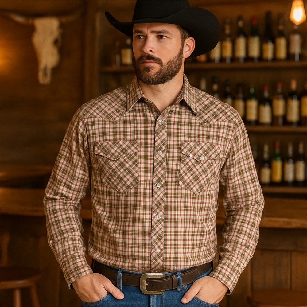 Men’s VIP Brown Red Plaid Western Snap Shirt Size Large Long Sleeve